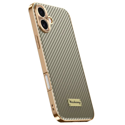 For iPhone 16 Case Carbon Fiber Texture Electroplating Cowhide Leather+TPU Phone Cover - Grey
