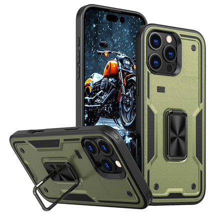 For iPhone 16 Pro Max Case Ring Kickstand Anti-Drop PC+TPU Phone Cover - Olive Green