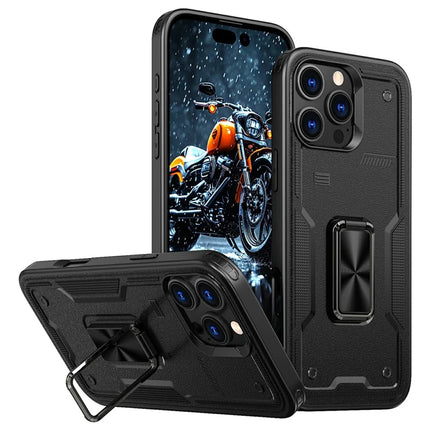 For iPhone 16 Pro Max Case Ring Kickstand Anti-Drop PC+TPU Phone Cover - Black