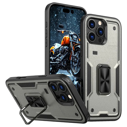 For iPhone 16 Pro Max Case Ring Kickstand Anti-Drop PC+TPU Phone Cover - Titanium Grey