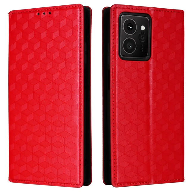 For HMD Skyline Wallet Case Rhombus Imprinted Leather Phone Cover - Red