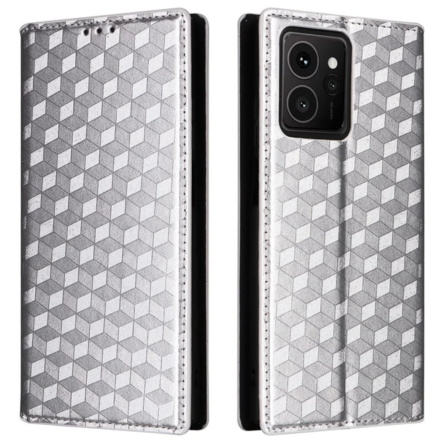 For HMD Skyline Wallet Case Rhombus Imprinted Leather Phone Cover - Silver