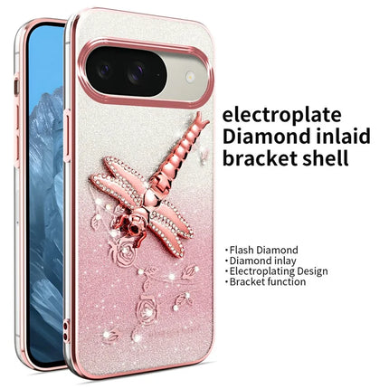 KADEM For Google Pixel 9 Pro  /  Pixel 9 Case Dragonfly Kickstand TPU Flowers Glitter Phone Cover