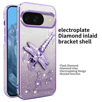 KADEM For Google Pixel 9 Pro  /  Pixel 9 Case Dragonfly Kickstand TPU Flowers Glitter Phone Cover