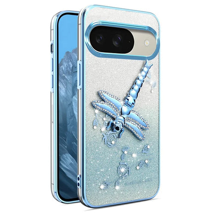 KADEM For Google Pixel 9 Pro  /  Pixel 9 Case Dragonfly Kickstand TPU Flowers Glitter Phone Cover - Blue