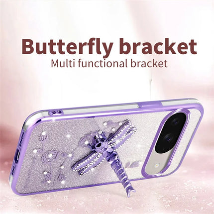 KADEM For Google Pixel 9 Pro  /  Pixel 9 Case Dragonfly Kickstand TPU Flowers Glitter Phone Cover