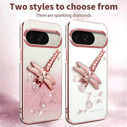 KADEM For Google Pixel 9 Pro  /  Pixel 9 Case Dragonfly Kickstand TPU Flowers Glitter Phone Cover