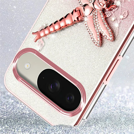 KADEM For Google Pixel 9 Pro  /  Pixel 9 Case Dragonfly Kickstand TPU Flowers Glitter Phone Cover