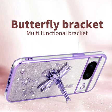 KADEM For Google Pixel 8 Case Dragonfly Kickstand TPU Flowers Glitter Phone Cover