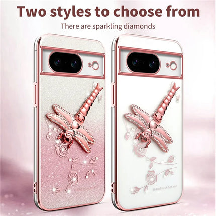 KADEM For Google Pixel 8 Case Dragonfly Kickstand TPU Flowers Glitter Phone Cover