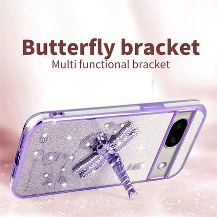 KADEM For Google Pixel 8a Case Dragonfly Kickstand TPU Flowers Glitter Phone Cover