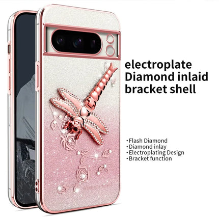 KADEM For Google Pixel 8 Pro Case Dragonfly Kickstand TPU Flowers Glitter Phone Cover