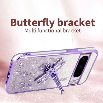 KADEM For Google Pixel 8 Pro Case Dragonfly Kickstand TPU Flowers Glitter Phone Cover