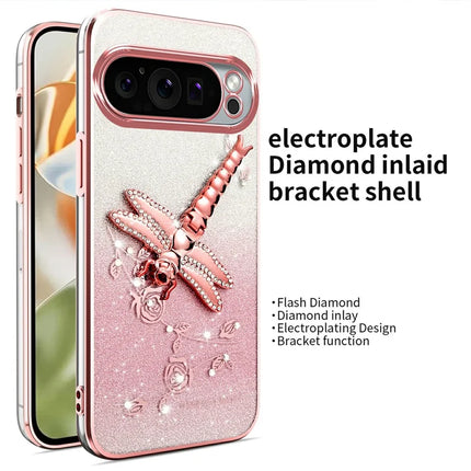 KADEM For Google Pixel 9 Pro XL Case Dragonfly Kickstand TPU Flowers Glitter Phone Cover