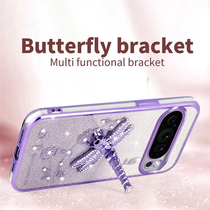 KADEM For Google Pixel 9 Pro XL Case Dragonfly Kickstand TPU Flowers Glitter Phone Cover