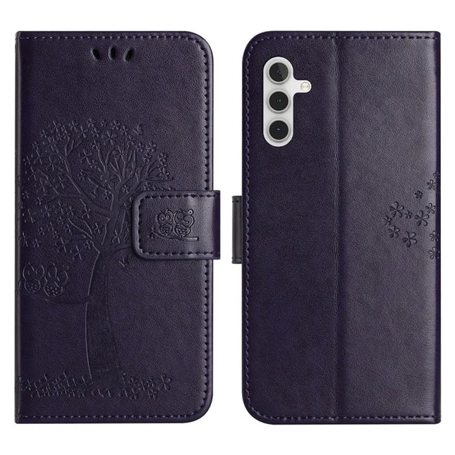 For Samsung Galaxy A56 5G / A36 5G Case PU Leather Owl Tree Imprinted Wallet Phone Cover - Dark Purple