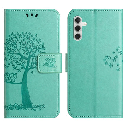 For Samsung Galaxy A56 5G / A36 5G Case PU Leather Owl Tree Imprinted Wallet Phone Cover - Cyan
