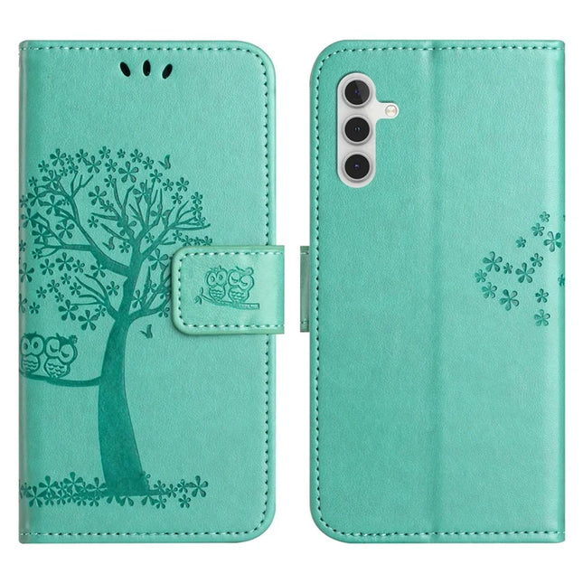 For Samsung Galaxy A56 5G / A36 5G Case PU Leather Owl Tree Imprinted Wallet Phone Cover - Cyan