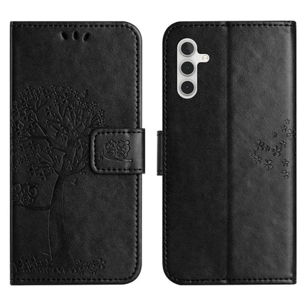 For Samsung Galaxy A56 5G / A36 5G Case PU Leather Owl Tree Imprinted Wallet Phone Cover - Black