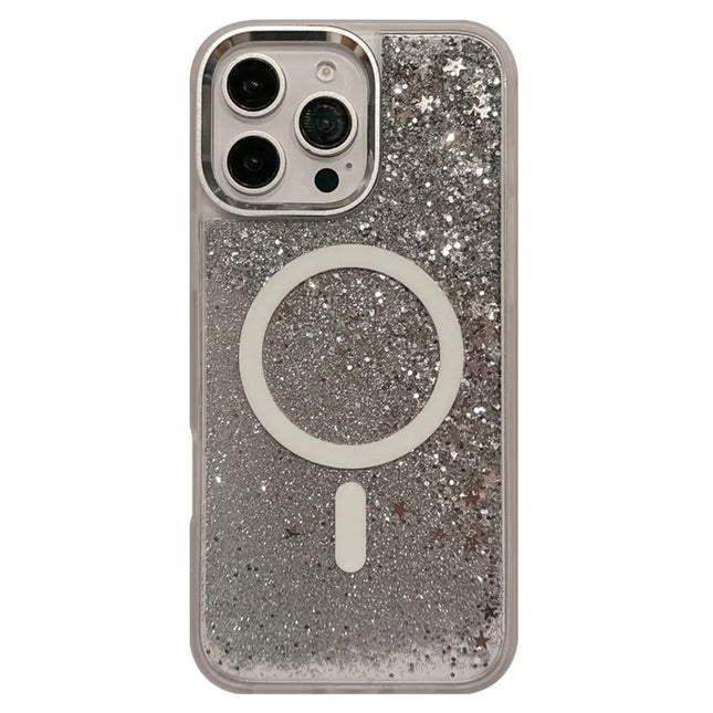 For iPhone 16 Pro Max Case Compatible with MagSafe Glitter Quicksand TPU+PC Phone Cover - Silver