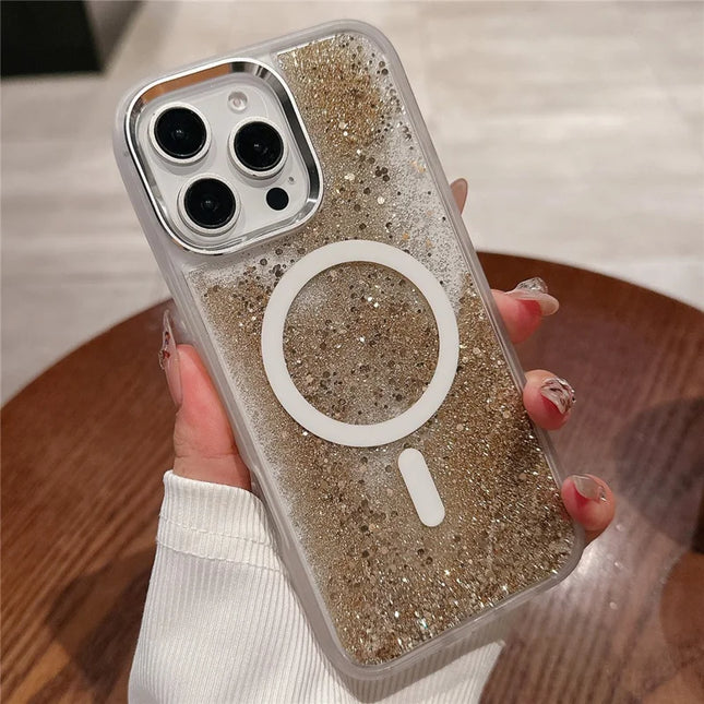 For iPhone 16 Pro Max Case Compatible with MagSafe Glitter Quicksand TPU+PC Phone Cover - Gold