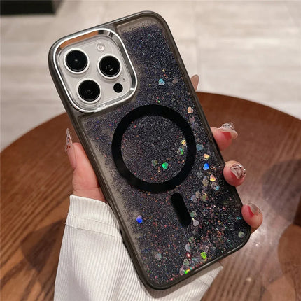 For iPhone 16 Pro Max Case Compatible with MagSafe Glitter Quicksand TPU+PC Phone Cover - Black