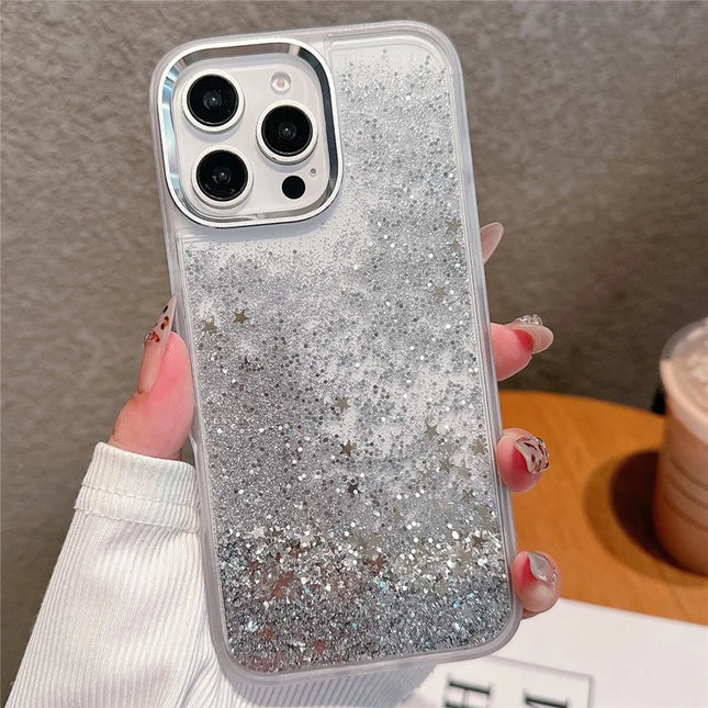 For iPhone 16 Pro Max Case Glitter Quicksand TPU+PC Shockproof Phone Cover - Silver