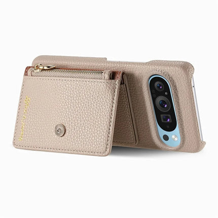 Y4 For Google Pixel 9 Pro XL Case Zipper Pocket Leather Phone Back Cover Card Holder Kickstand