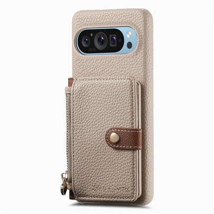 Y4 For Google Pixel 9 Pro XL Case Zipper Pocket Leather Phone Back Cover Card Holder Kickstand
