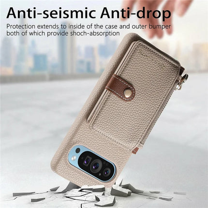 Y4 For Google Pixel 9 Pro XL Case Zipper Pocket Leather Phone Back Cover Card Holder Kickstand