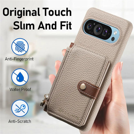 Y4 For Google Pixel 9 Pro XL Case Zipper Pocket Leather Phone Back Cover Card Holder Kickstand