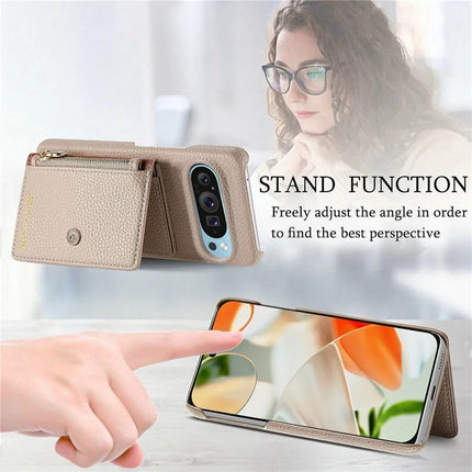Y4 For Google Pixel 9 Pro XL Case Zipper Pocket Leather Phone Back Cover Card Holder Kickstand