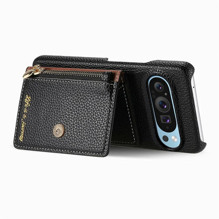 Y4 For Google Pixel 9 Pro XL Case Zipper Pocket Leather Phone Back Cover Card Holder Kickstand