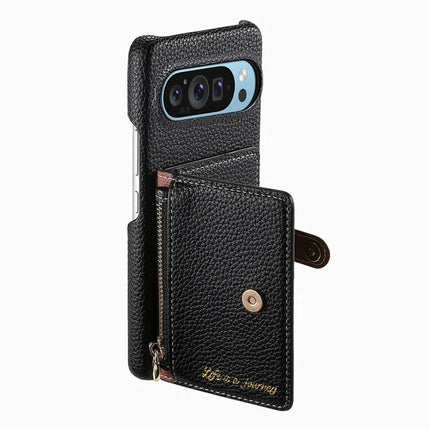 Y4 For Google Pixel 9 Pro XL Case Zipper Pocket Leather Phone Back Cover Card Holder Kickstand