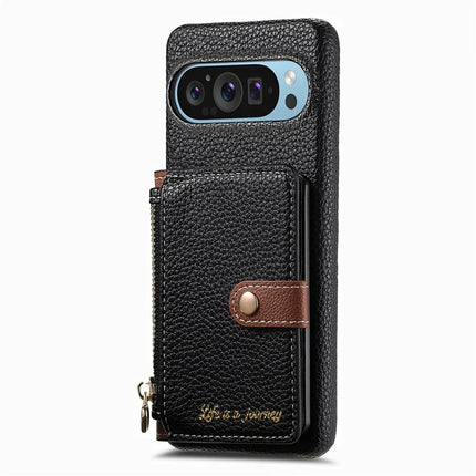 Y4 For Google Pixel 9 Pro XL Case Zipper Pocket Leather Phone Back Cover Card Holder Kickstand
