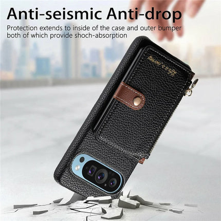 Y4 For Google Pixel 9 Pro XL Case Zipper Pocket Leather Phone Back Cover Card Holder Kickstand