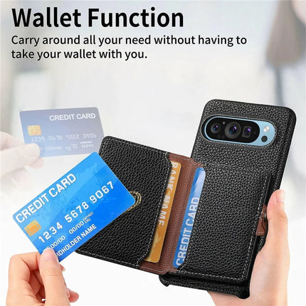 Y4 For Google Pixel 9 Pro XL Case Zipper Pocket Leather Phone Back Cover Card Holder Kickstand