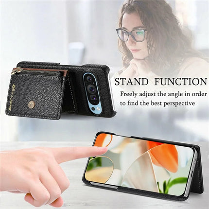 Y4 For Google Pixel 9 Pro XL Case Zipper Pocket Leather Phone Back Cover Card Holder Kickstand