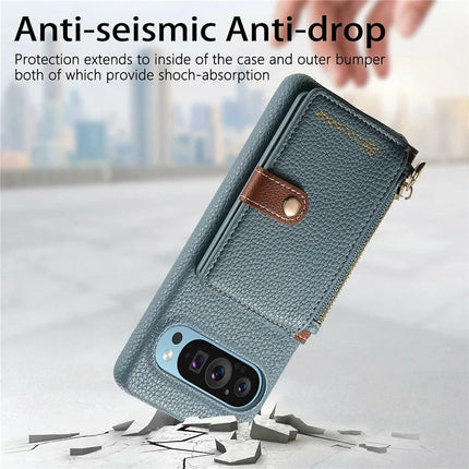 Y4 For Google Pixel 9 Pro XL Case Zipper Pocket Leather Phone Back Cover Card Holder Kickstand