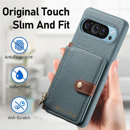 Y4 For Google Pixel 9 Pro XL Case Zipper Pocket Leather Phone Back Cover Card Holder Kickstand