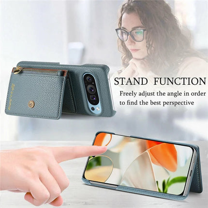Y4 For Google Pixel 9 Pro XL Case Zipper Pocket Leather Phone Back Cover Card Holder Kickstand