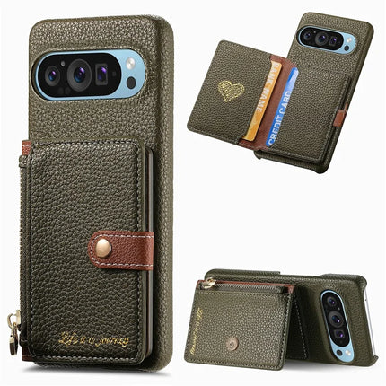 Y4 For Google Pixel 9 Pro XL Case Zipper Pocket Leather Phone Back Cover Card Holder Kickstand - Army Green