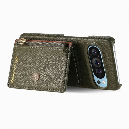 Y4 For Google Pixel 9 Pro XL Case Zipper Pocket Leather Phone Back Cover Card Holder Kickstand