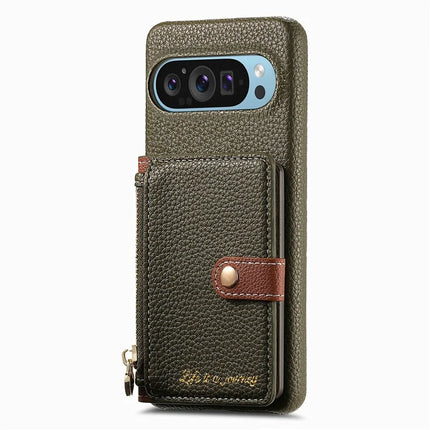Y4 For Google Pixel 9 Pro XL Case Zipper Pocket Leather Phone Back Cover Card Holder Kickstand