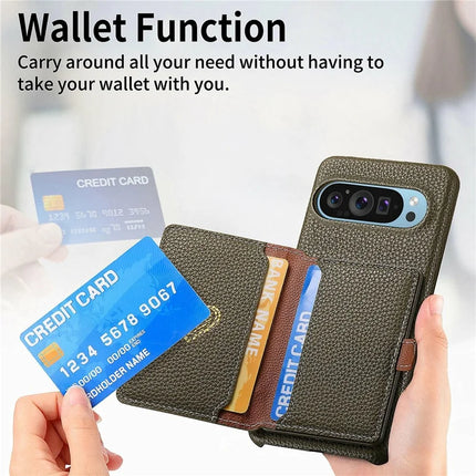 Y4 For Google Pixel 9 Pro XL Case Zipper Pocket Leather Phone Back Cover Card Holder Kickstand