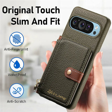 Y4 For Google Pixel 9 Pro XL Case Zipper Pocket Leather Phone Back Cover Card Holder Kickstand