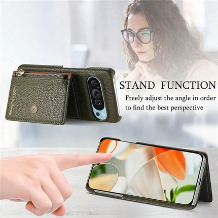 Y4 For Google Pixel 9 Pro XL Case Zipper Pocket Leather Phone Back Cover Card Holder Kickstand
