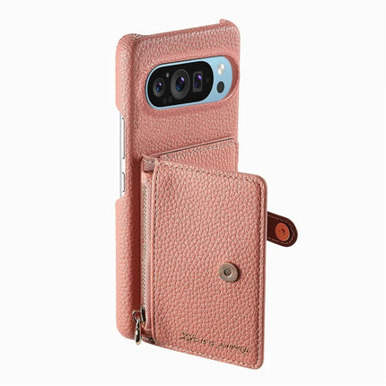 Y4 For Google Pixel 9 Pro XL Case Zipper Pocket Leather Phone Back Cover Card Holder Kickstand