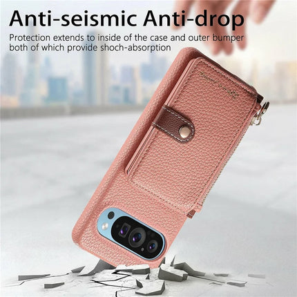 Y4 For Google Pixel 9 Pro XL Case Zipper Pocket Leather Phone Back Cover Card Holder Kickstand