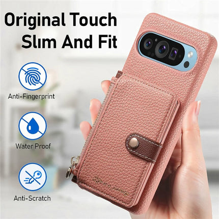 Y4 For Google Pixel 9 Pro XL Case Zipper Pocket Leather Phone Back Cover Card Holder Kickstand